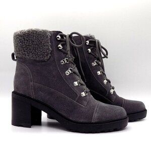Marc Fisher Lug Ankle Boots Lakynn Size 9.5 Gray Leather Faux Fur 3" Heel New